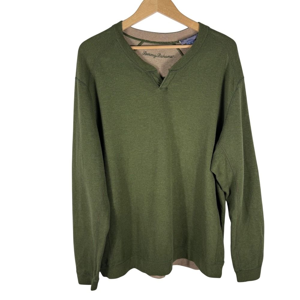 Tommy Bahama Reversible Split Neck Sweatshirt Mens XL Olive Green Tan - Picture 2 of 9